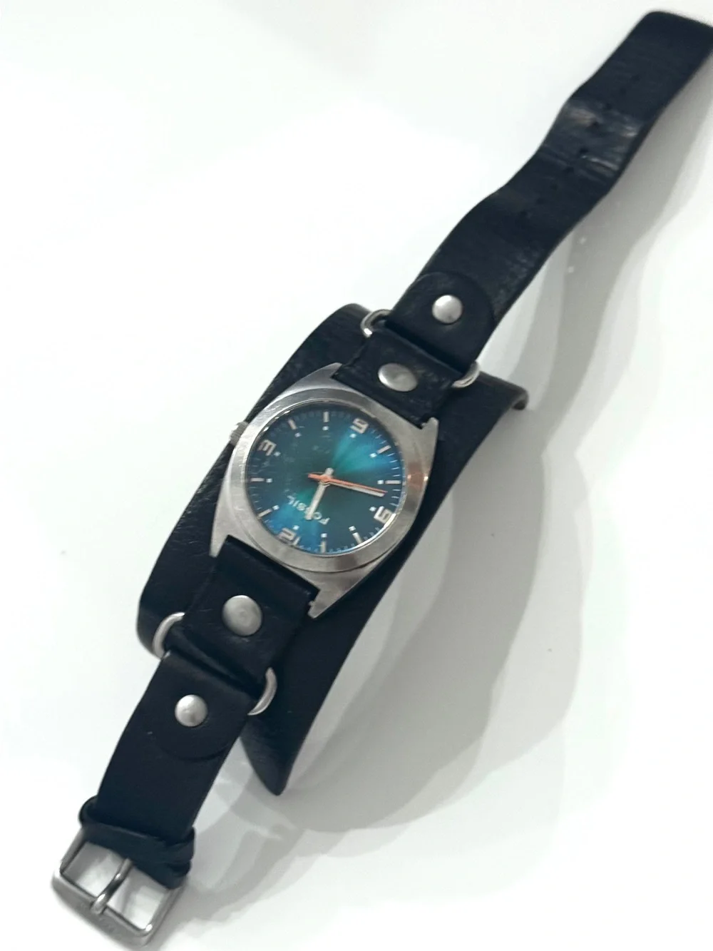 VTG Y2K Fossil Chunky Black Leather Watch Teal Stainless Steel JR-8618